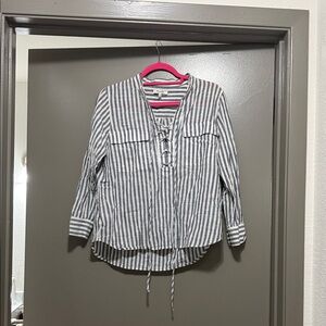 Madewell Blue and White Striped Lace Up Blouse
